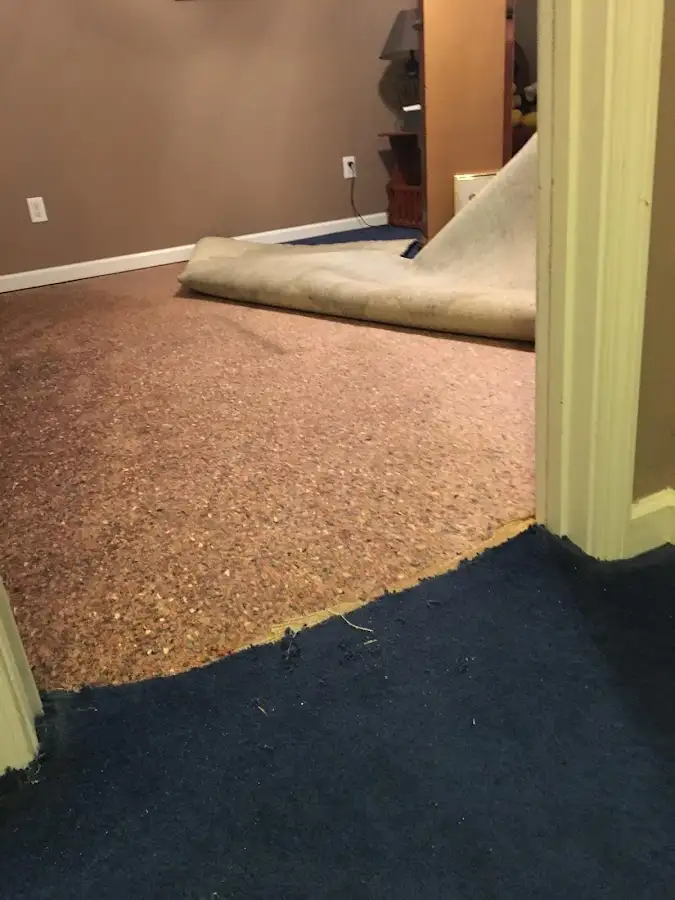 Carpet pad removal revealing water damage during Water Mitigation Services in East Whittier